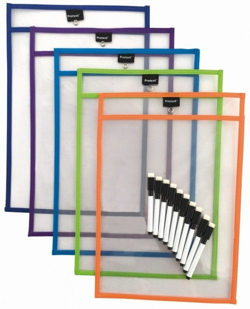 Protext Rewritable Student Pocket A4 Clear Assorted Colour Trim with Marker Pack 10 — front view