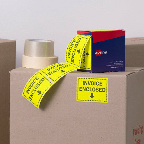 Avery Invoice Enclosed Fluoro Yellow Labels 750 Roll 75 x 99.6mm