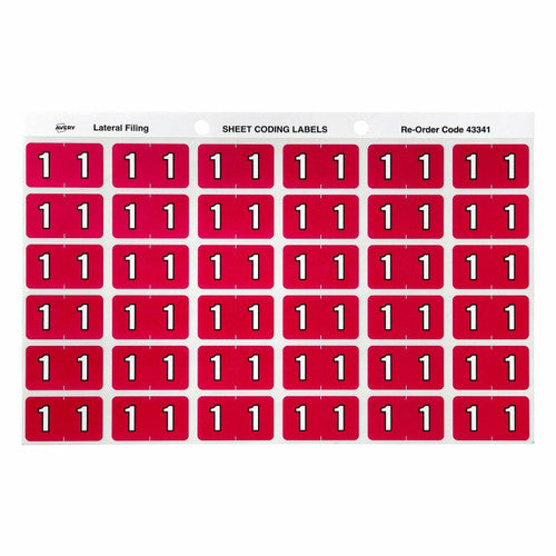 Avery Numeric 1 Side Tab Colour Coding Labels 25 x 38mm 180 Pack