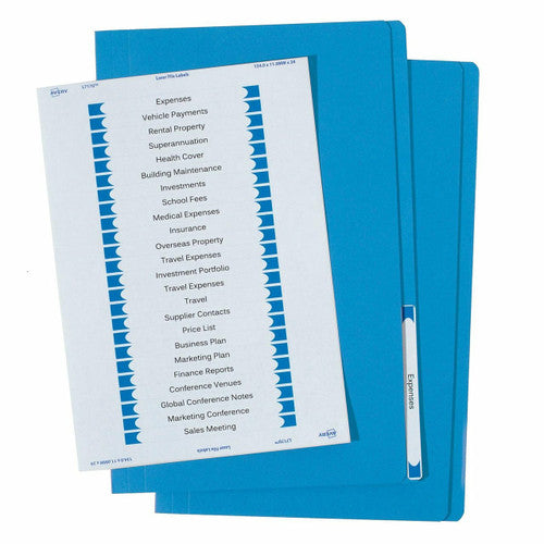 Avery Blue Manilla File with 1 Sheet of 24 Laser File Title Labels Foolscap 20 Pack