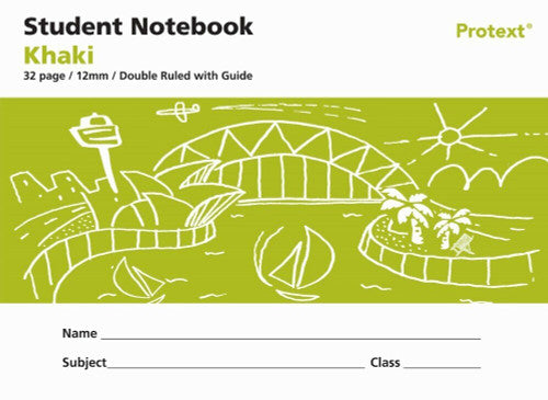 Protext Student Notebook 32 Page 12mm Double Ruled with Guide Khaki Pack of 20