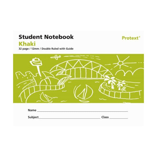 Protext Student Notebook 32 Page 12mm Double Ruled with Guide Khaki Pack of 20