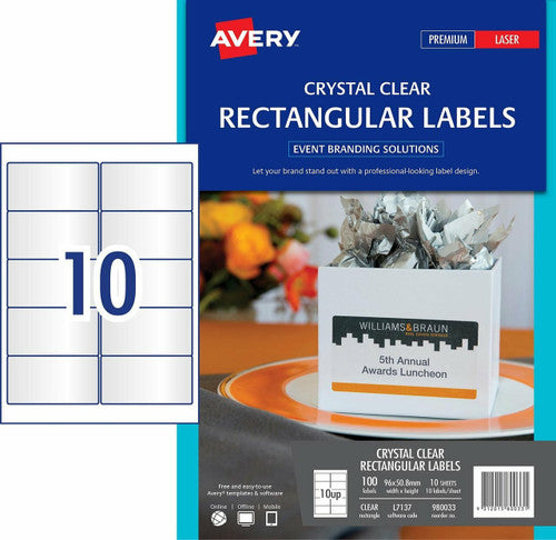 Avery Crystal Clear Rectangular Labels L7137 96 x 50.8mm 10UP