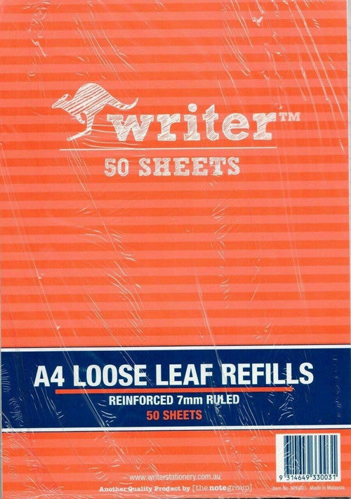 Writer A4 Reinforced Binder Refills 7mm Ruled Pack of 50 Sheets