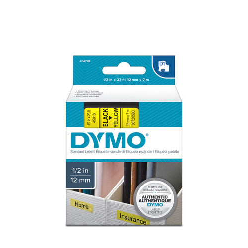 Dymo D1 label tape 12mm x 7m black on yellow bold safety and caution labelling for LabelManager