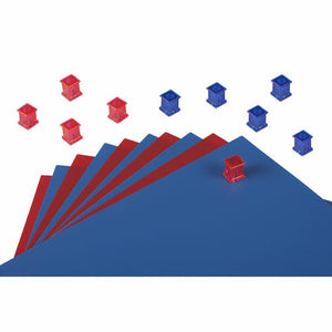 10 translucent Quartet QT7511 square magnets, 5 red and 5 blue, arranged above a fan of red and blue sheets of paper, with a red magnet resting on the top sheet.