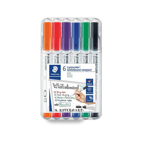 Staedtler 341 WP6 Lumocolor Whiteboard Compact Marker Bullet Point Wallet of 6 Assorted Colours