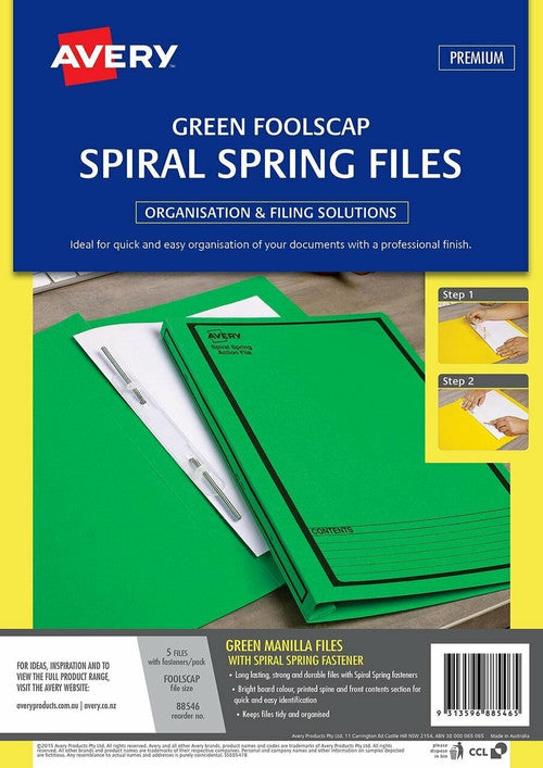 Avery Green Spiral Spring Action File Black Print Foolscap 5 Pack