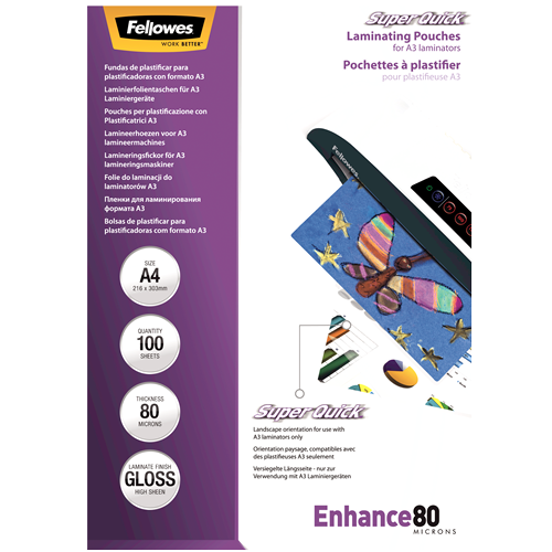 Fellowes SuperQuick A4 Glossy 80 Micron Laminating Pouch 100 Pack