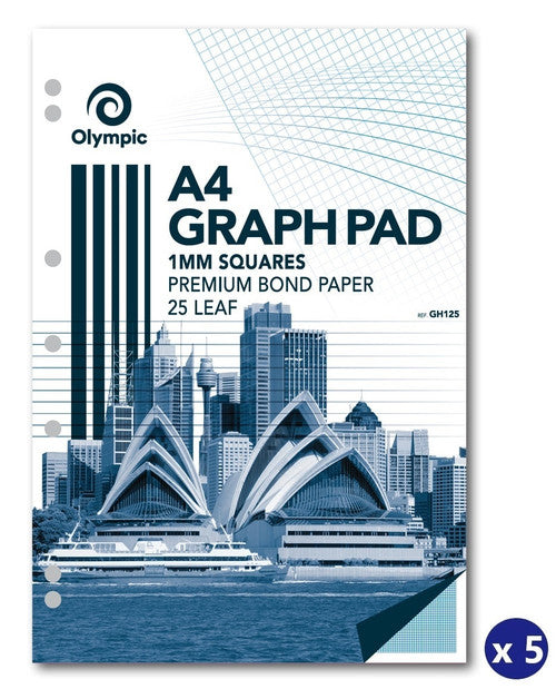 Olympic Graph Pad A4 25 Leaf 1mm Squares Ruled Pack of 5