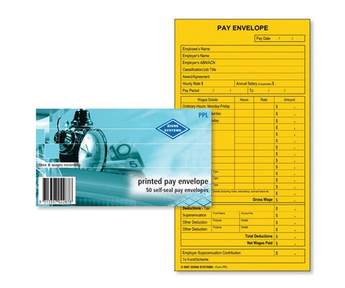 Zions Printed Pay Envelopes Self Seal 90 x 165mm Pack of 50