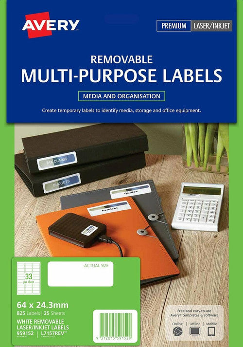 Avery Removable Multi-Purpose Labels 64 x 24.3mm Laser Inkjet Removable 825 Labels/25 Sheets