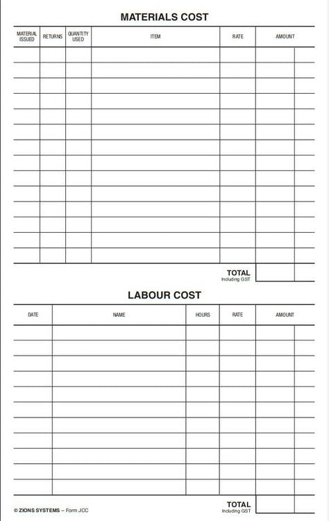 Zions Stock Control Job Costing Card