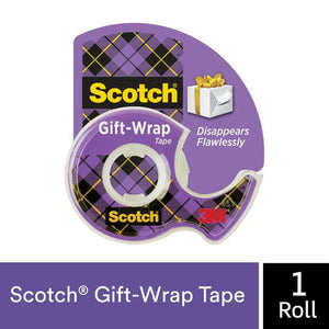 Scotch Gift-Wrap Tape on its dispenser in a purple tartan card pack, shown above a purple banner reading 1 roll
