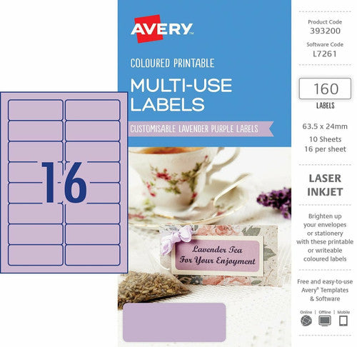 Avery Multi-Use Lavender Purple Coloured Labels 63.5 x 24mm Laser Inkjet Permanent 160 Labels 10 Sheets