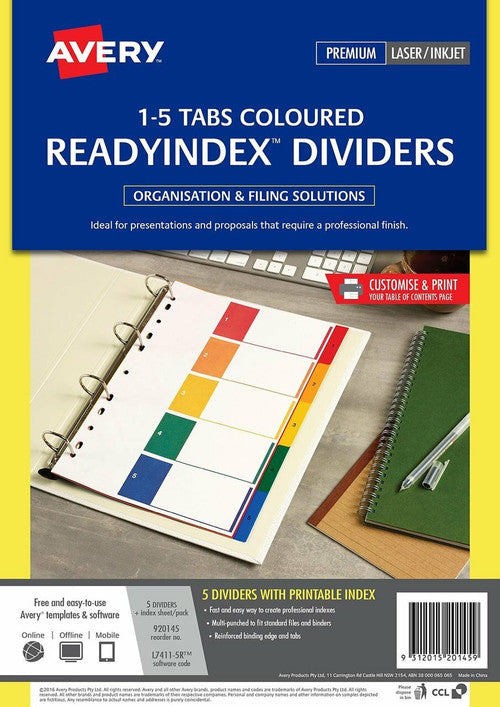 Avery Multi-Coloured Polypropylene ReadyIndex Dividers 1-5 Index