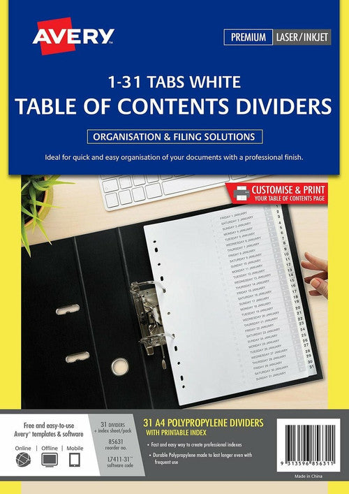 Avery Divider 1-31 Index Tabs A4 White