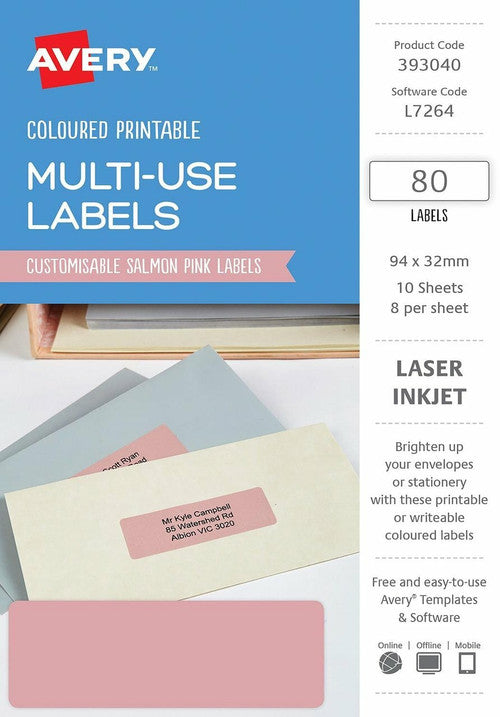 Avery Multi-Use Salmon Pink Coloured Labels 94 x 32mm Laser Inkjet Permanent 80 Labels 10 Sheets