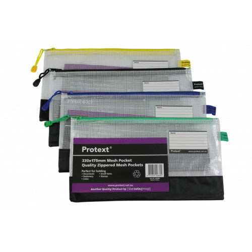 Protext Mesh Pouch 330x180mm Zipper Closure Note Card Holder Assorted Colours Pack 20 — open showing interior and card holder