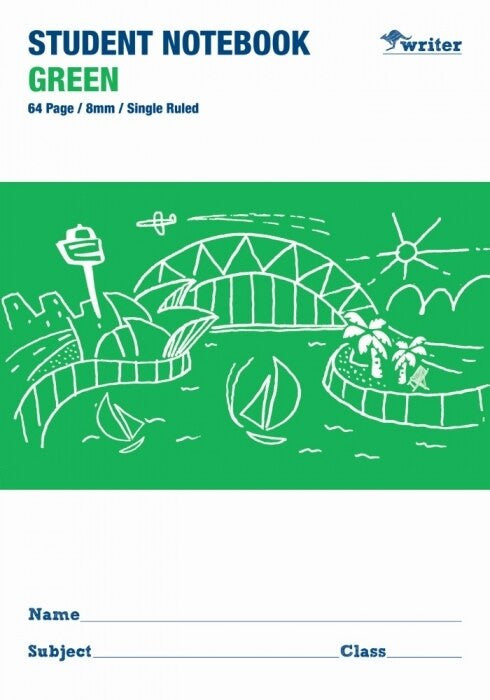Writer Student Notebook 64 Page Single Ruled 8mm Green Pack 20