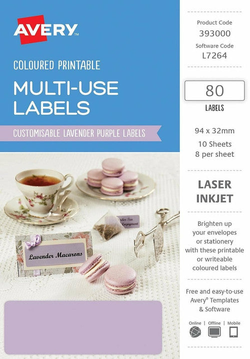 Avery Multi-Use Lavender Purple Coloured Labels 94 x 32mm Laser Inkjet Permanent 80 Labels 10 Sheets