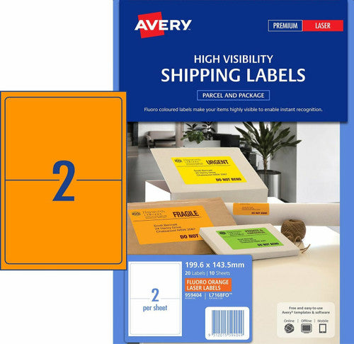 Avery Fluoro Orange Shipping Labels L7168FO 10 Pack 199.6 x 143.5mm 2UP