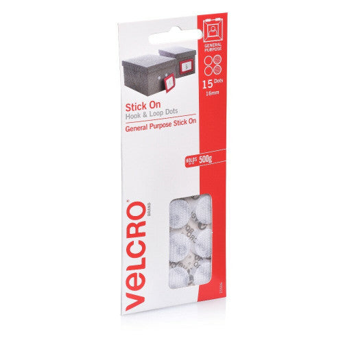Velcro Brand Stick On Hook and Loop Dots 16mm White Pack of 15