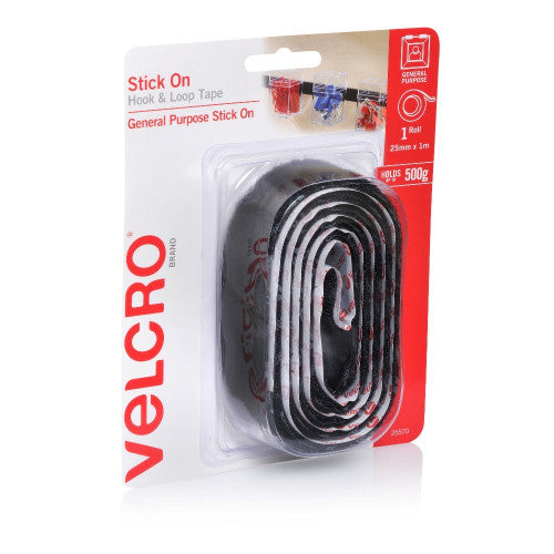 Velcro Brand Stick On Hook and Loop Tape 25mm x 1m Black Roll