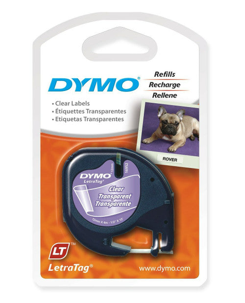 Dymo LetraTag Label Tape 12mm x 4m Black on Clear Plastic