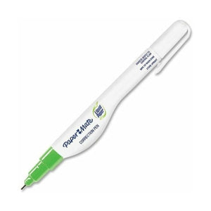 Paper Mate Liquid Paper correction pen with a white barrel, clip cap and green tip section, printed Squeeze gently to control flow, Wipe tip when done and Store upright
