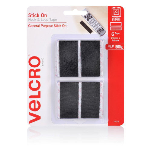Velcro Brand Stick On Hook and Loop Tape Rectangles 25mm x 50mm Black Pack of 6 Sets