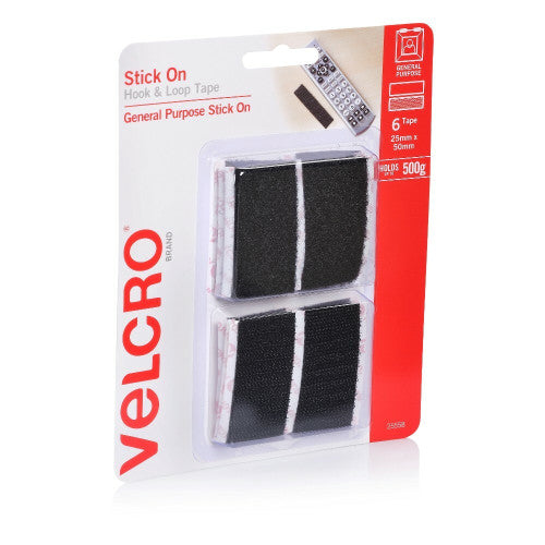 Velcro Brand Stick On Hook and Loop Tape Rectangles 25mm x 50mm Black Pack of 6 Sets