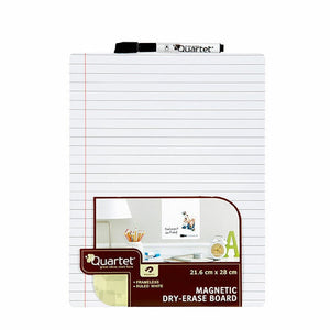 Quartet ruled tile with pale ruled lines and a red margin line, a black and white Quartet marker across the top edge, and a brown Quartet pack label with a desk scene and the words Frameless and Ruled White