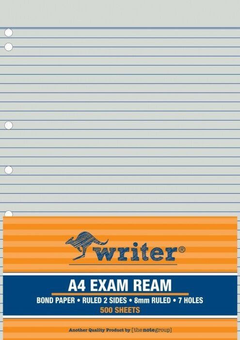 Writer A4 Exam Paper 60gsm 8mm Ruled 7 Holes Punched Ream 500 Sheets — front of ream