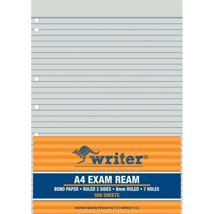 Writer A4 Exam Paper 60gsm 8mm Ruled 7 Holes Punched Ream 500 Sheets — front of ream