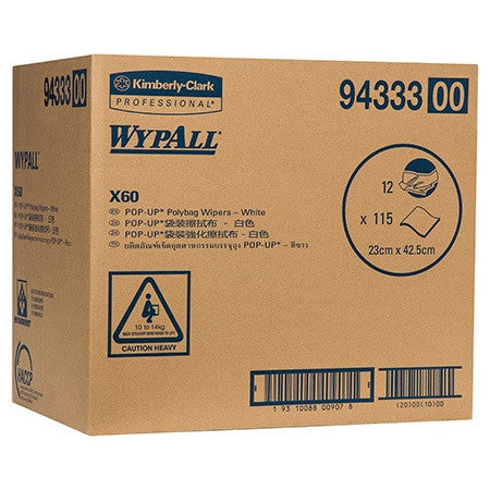 WypAll X60 Poly Bag Single Sheet Wiper White 115 Wipers Box of 12