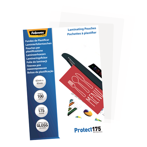 Fellowes Glossy 175 Micron Laminating Pouches 65x95mm 100 Pack