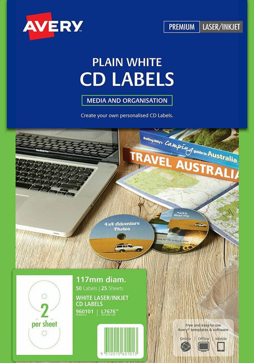 Avery White Full Face CD Labels L7676 50 Pack 117mm Diameter 2UP