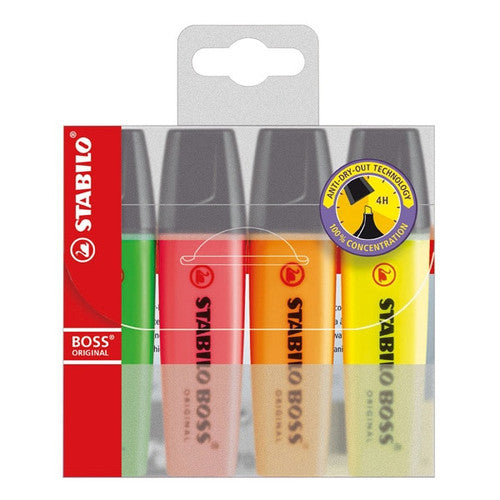 Stabilo Boss Original Chisel Tip Highlighter Wallet of 4 Assorted Colours