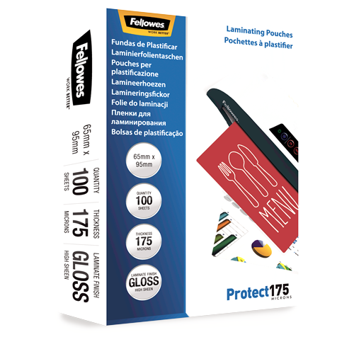 Fellowes Glossy 175 Micron Laminating Pouches 65x95mm 100 Pack