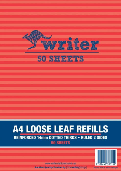 Writer A4 Reinforced Binder Refills 14mm Dotted Thirds Pack of 50 Sheets