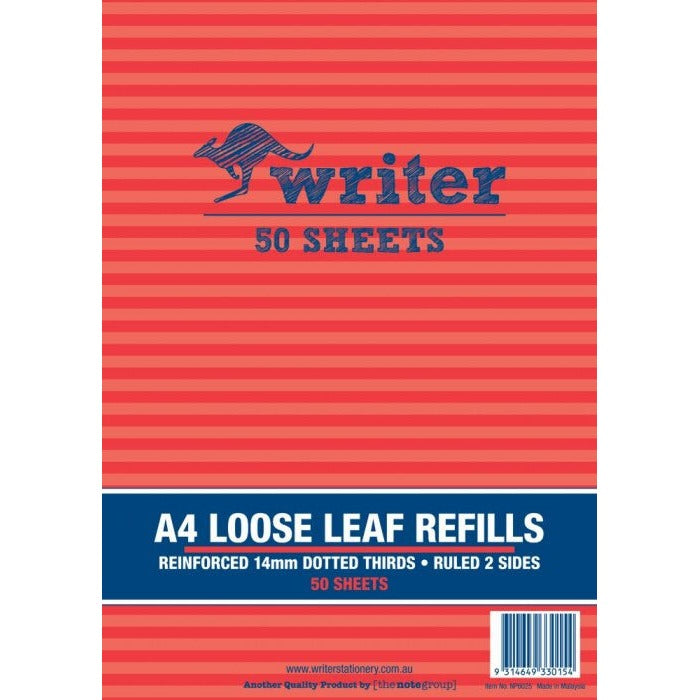 Writer A4 Reinforced Binder Refills 14mm Dotted Thirds Pack of 50 Sheets