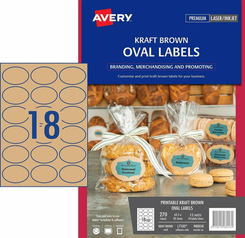 Avery Kraft Brown Oval Product Labels L7103 270 Pack 63.5 x 42.3mm 18UP
