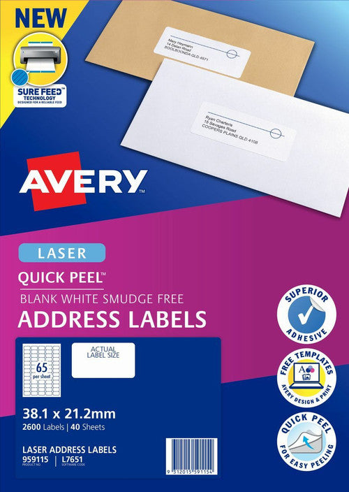Avery Quick Peel Address Labels with Sure Feed L7651 2600 Pack 38.1 x 21.2mm Laser White 65UP