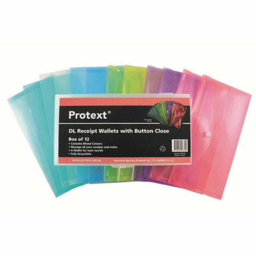 Protext Document Wallet DL PP Button Closure Translucent Assorted Pack 12 — front view showing assorted colours
