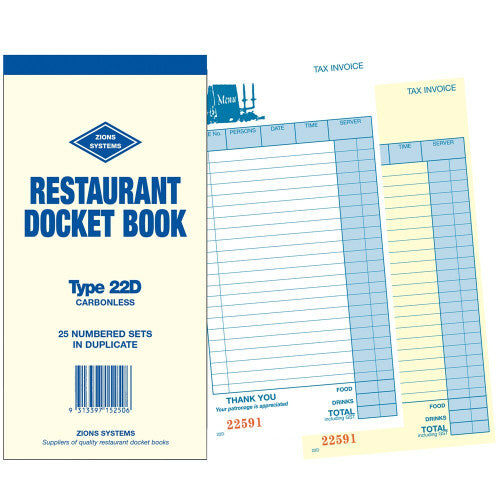 Zions 22D Carbonless Duplicate Restaurant Docket Book