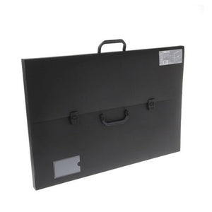 Foldermate A2 artist portfolio in black, angled view with top handle, front handle, two press clips and name card holder