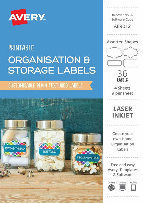Avery Textured White Organisation and Storage Labels AE9012 Assorted 36 Pack 9UP