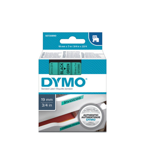 Dymo D1 label tape 19mm x 7m black on green wide safety and environmental category labelling