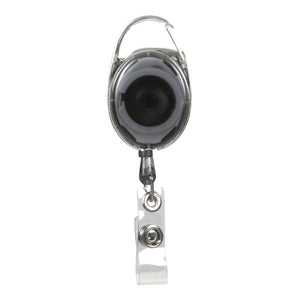 Rexel retractable snap lock holder with a charcoal oval reel in a chrome frame, a sprung gate clip on top and a clear press stud strap below